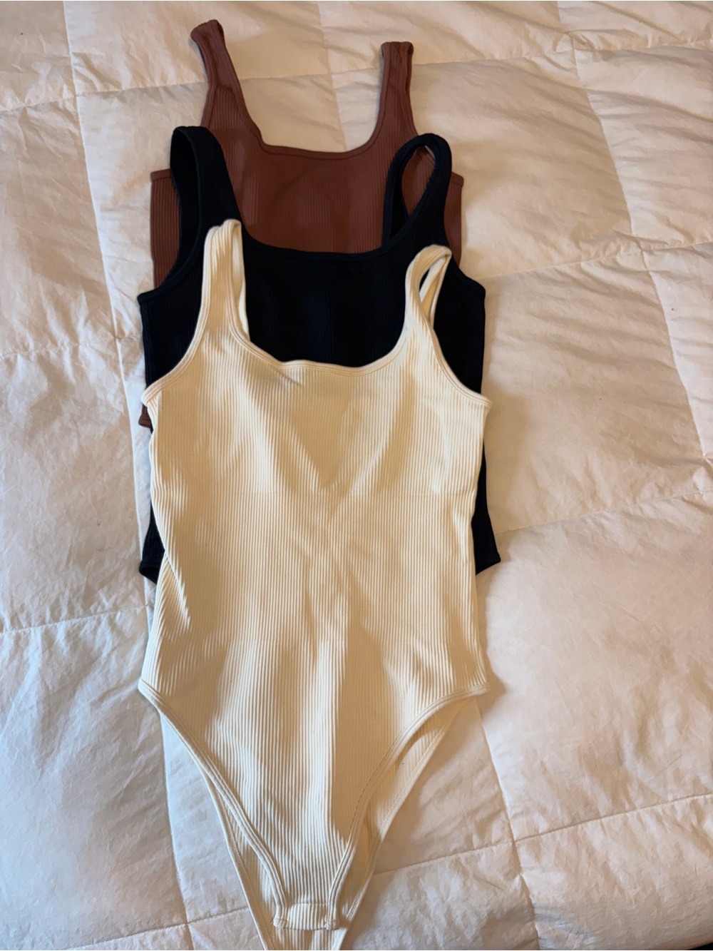Ribbed Scoop-Neck Bodysuit in Cream, Black & Brown